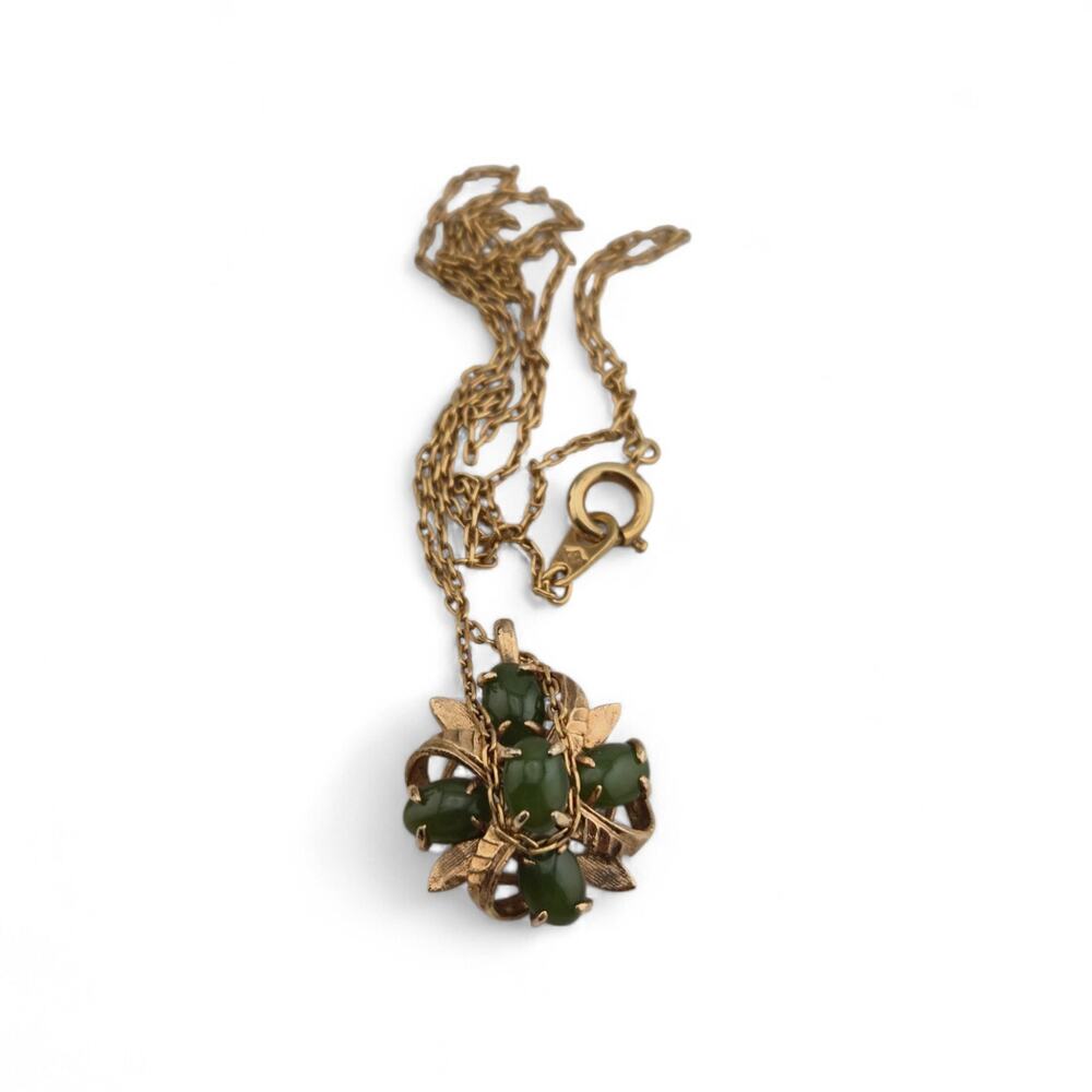 Vintage Jade Cluster Pendant Necklace Gold Tone Asian Maker Mark